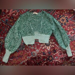 Nizhoni Tinsel Metallic Green Chunky Sweater Cardigan Holiday 1/ Small NEW
